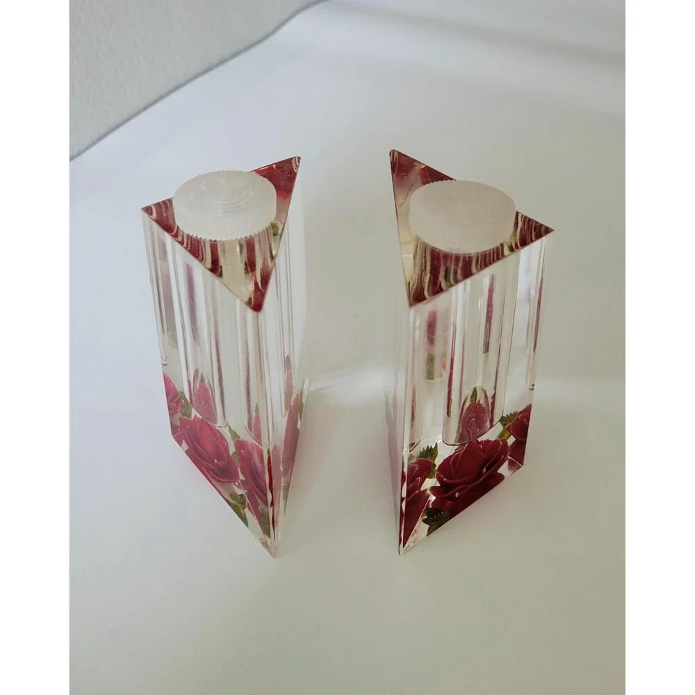 Vintage Clear Lucite Salt and Pepper Shakers Reverse Carved Red Roses Bircraft